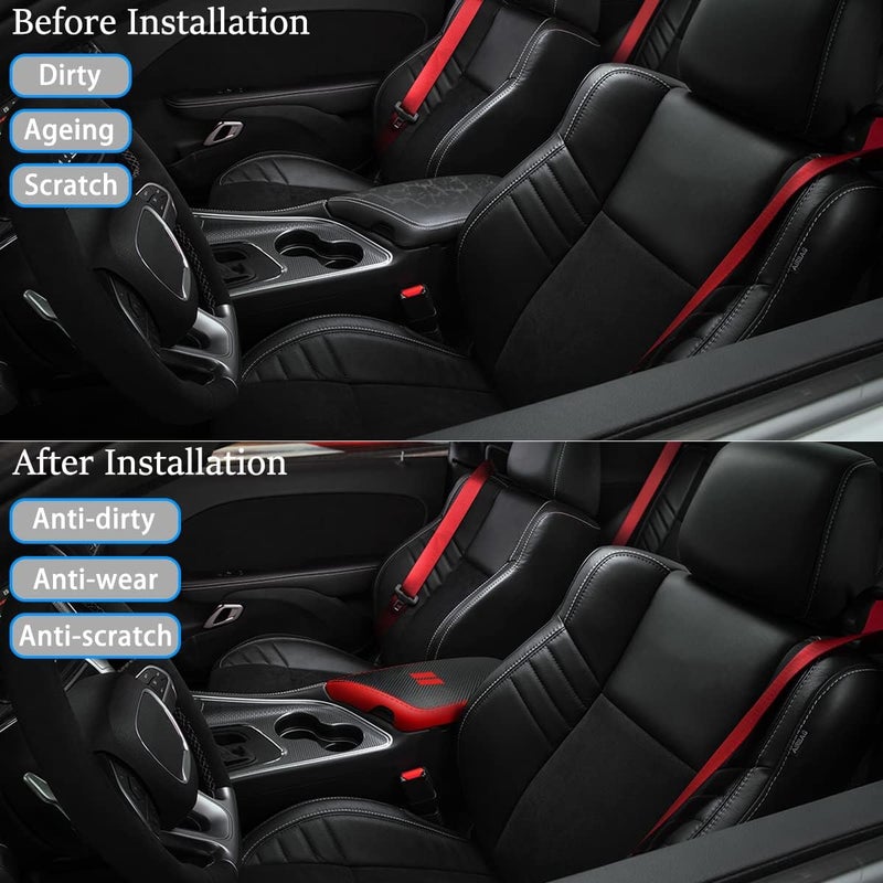 YOFAMO for Dodge Challenger 2015-2023 Car Armrest Cover Waterproof Center Console Pad Covers Scratch Resistance Box Cover Leather Protector Pad Decoration Accessories(Carbon Fiber + Red) - Image 2